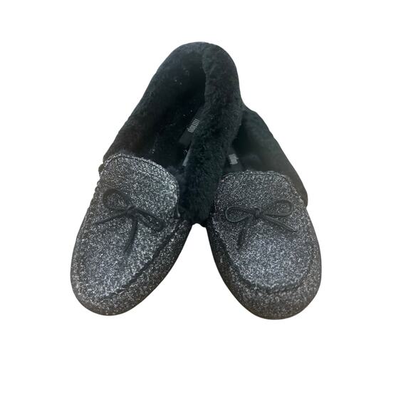 FitFlop Chrissie Glitzy Glitter Moccasin Slippers Black Faux Fur 6 cozy glam - Picture 2 of 8
